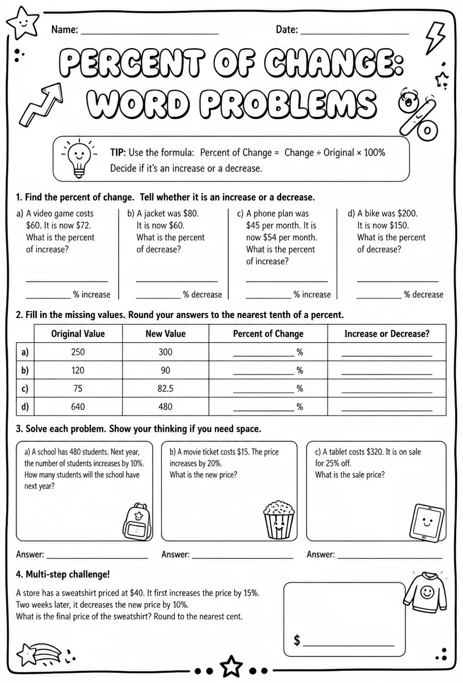 Percent of change: word problems — free printable Grade 7 math worksheet