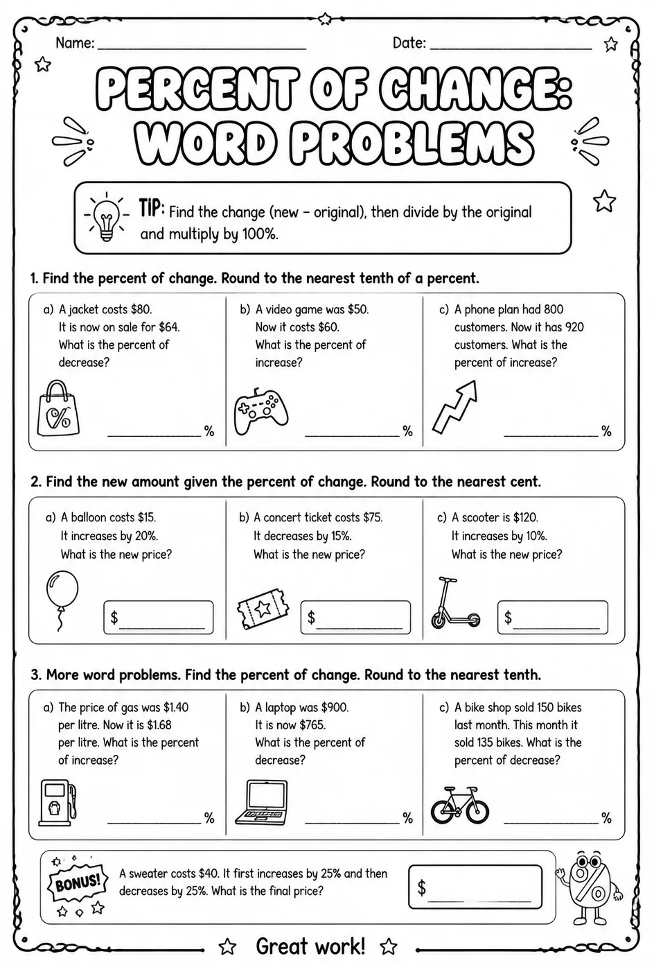 Percent of change: word problems — free printable Grade 8 math worksheet