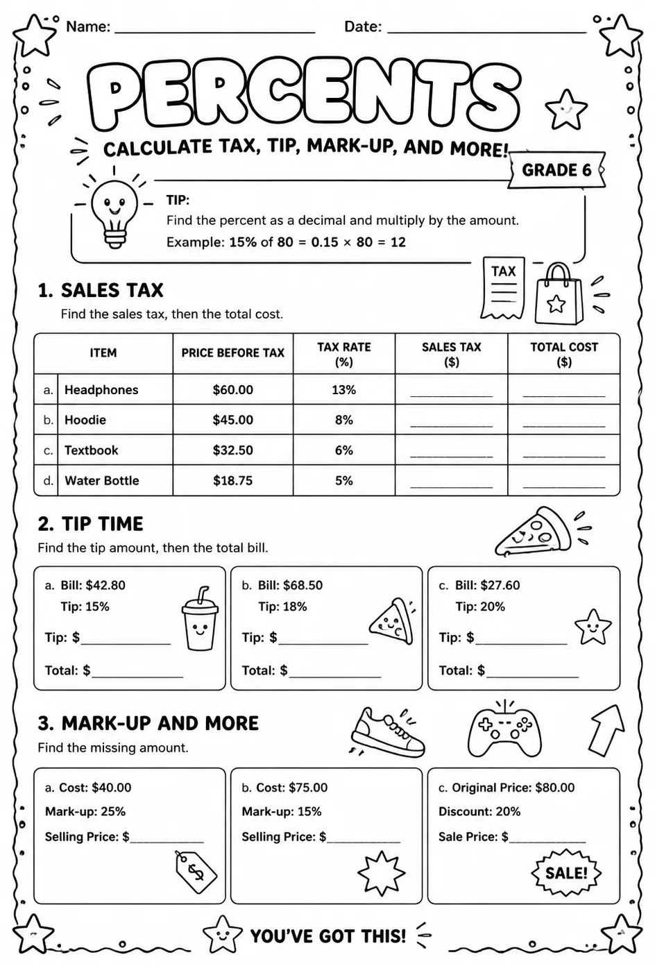 Percents - calculate tax, tip, mark-up, and more — free printable Grade 6 math worksheet