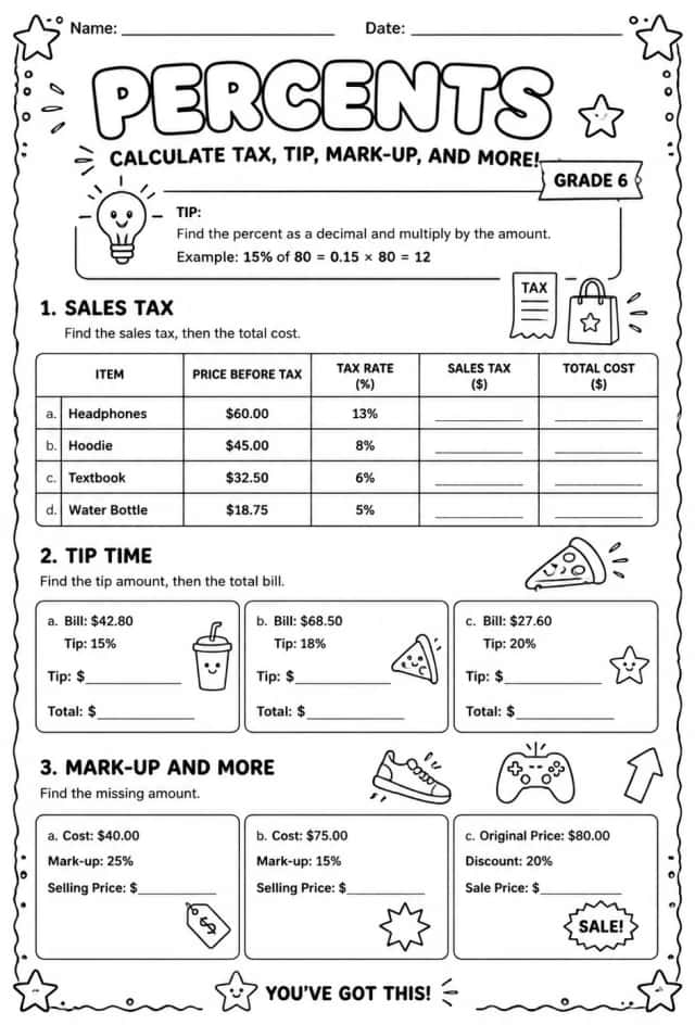 Percents - calculate tax, tip, mark-up, and more