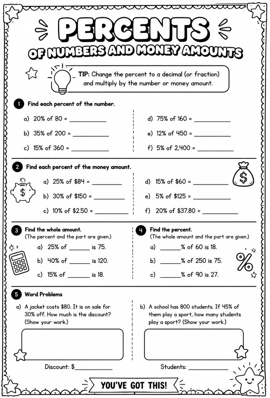 Percents of numbers and money amounts