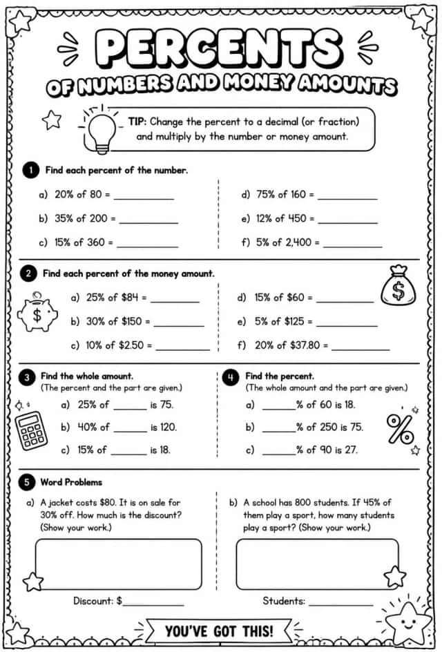 Percents of numbers and money amounts
