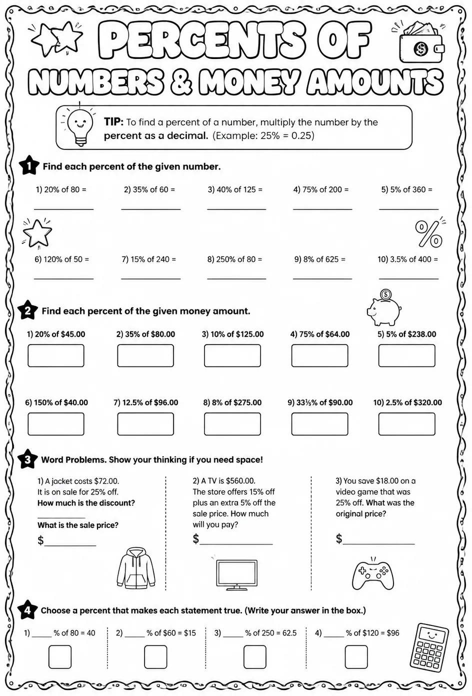 Percents of numbers and money amounts — free printable Grade 7 math worksheet