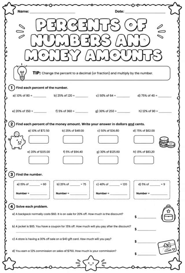 Percents of numbers and money amounts