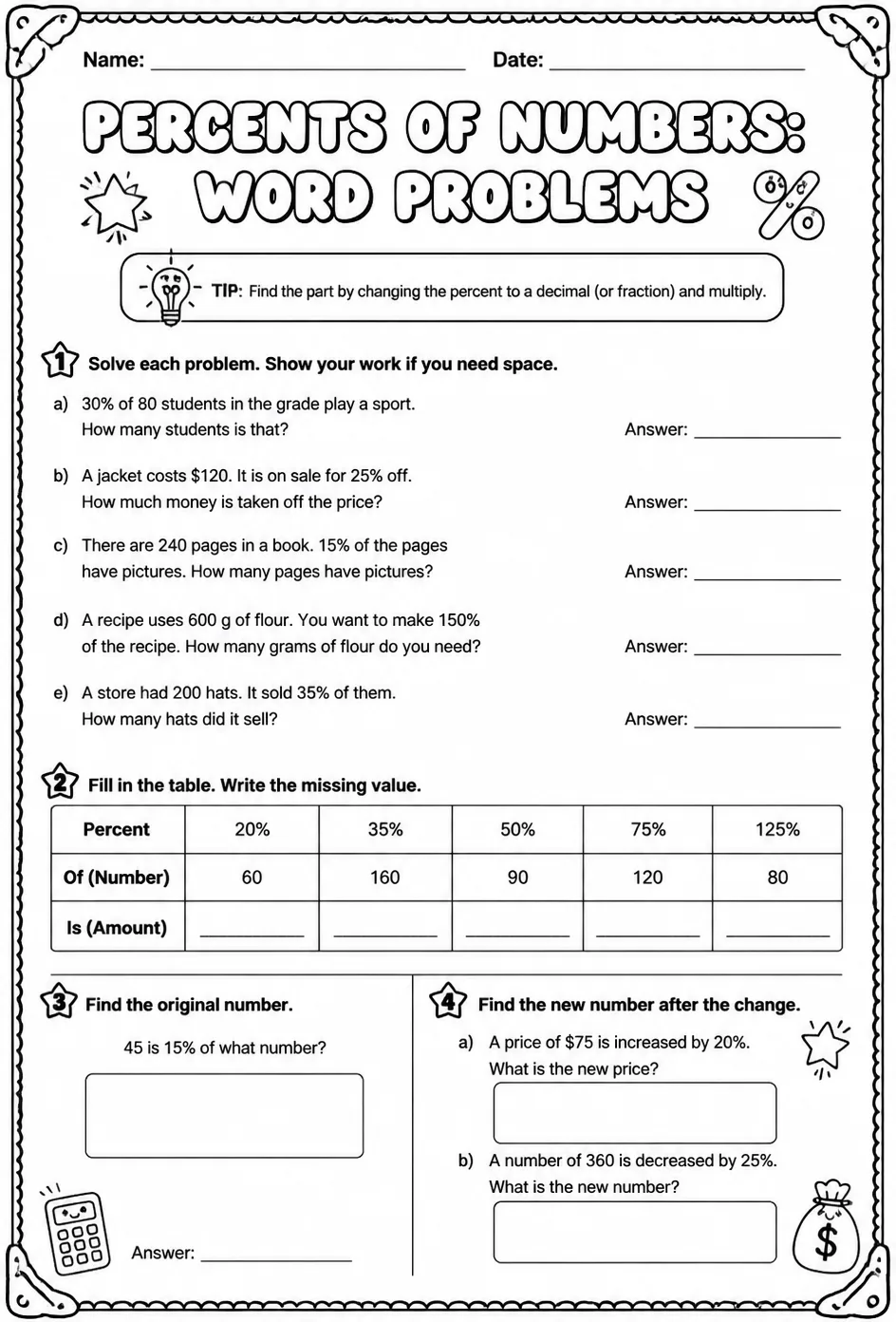 Percents of numbers: word problems — free printable Grade 7 math worksheet