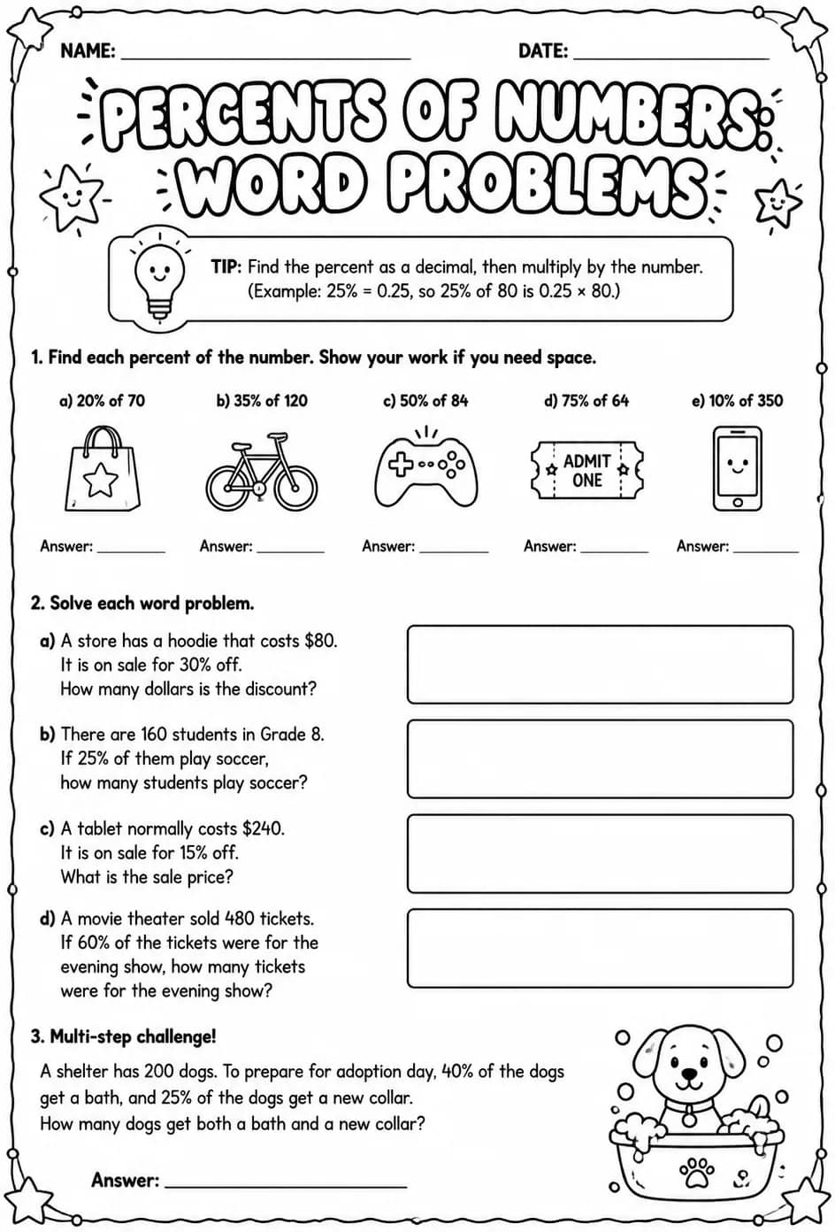 Percents of numbers: word problems — free printable Grade 8 math worksheet