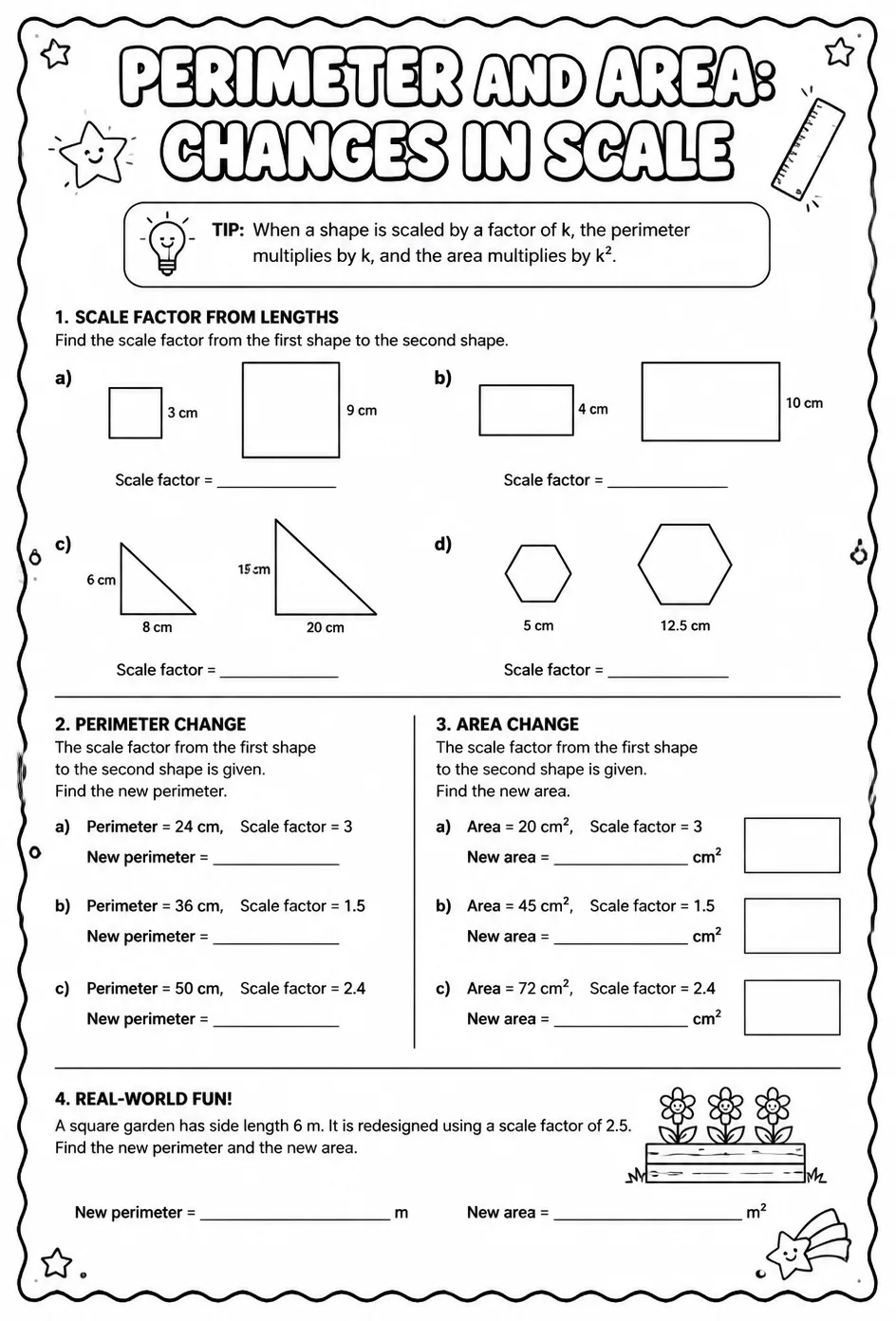 Perimeter and area: changes in scale — free printable Grade 8 math worksheet