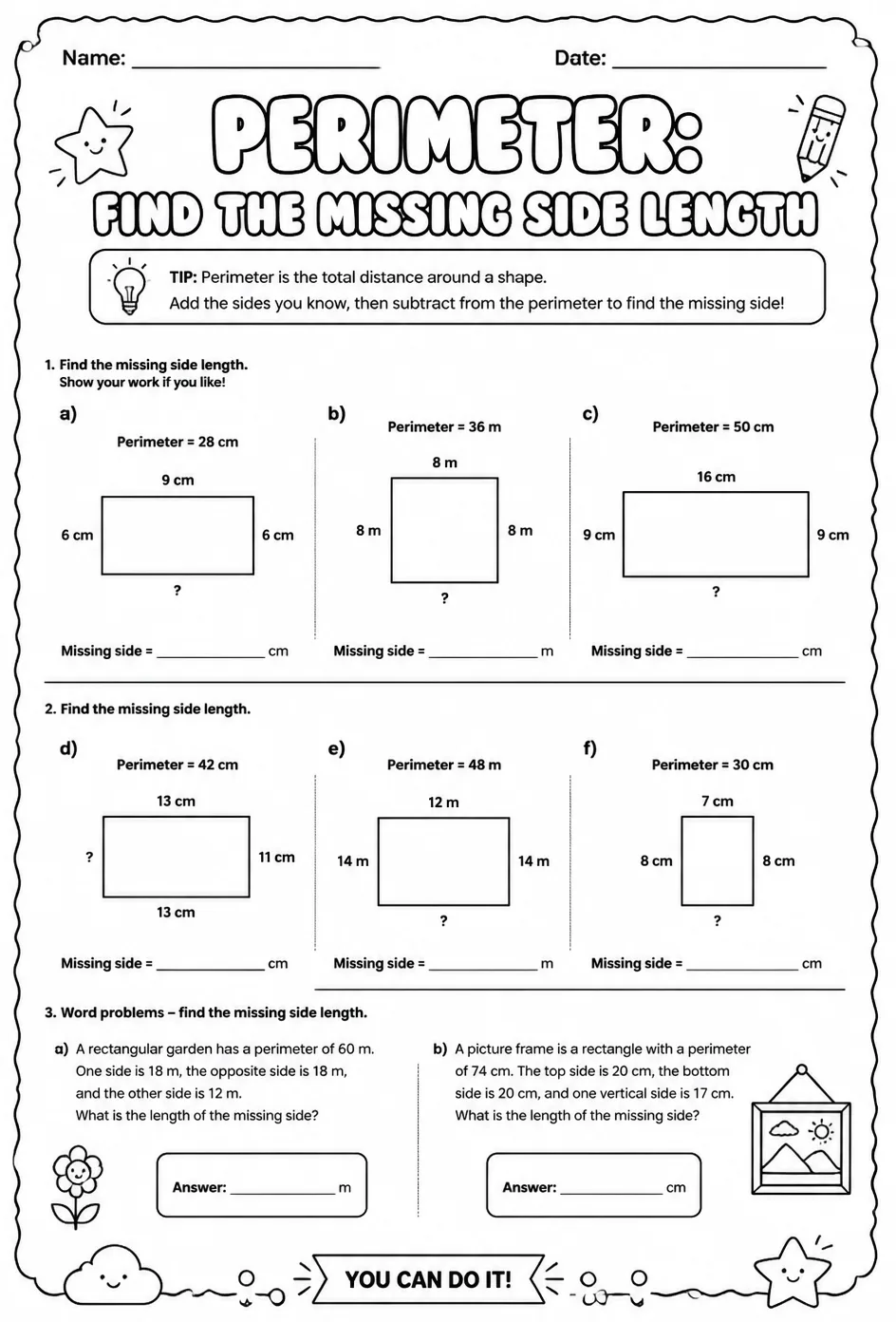 Perimeter: find the missing side length — free printable Grade 3 math worksheet