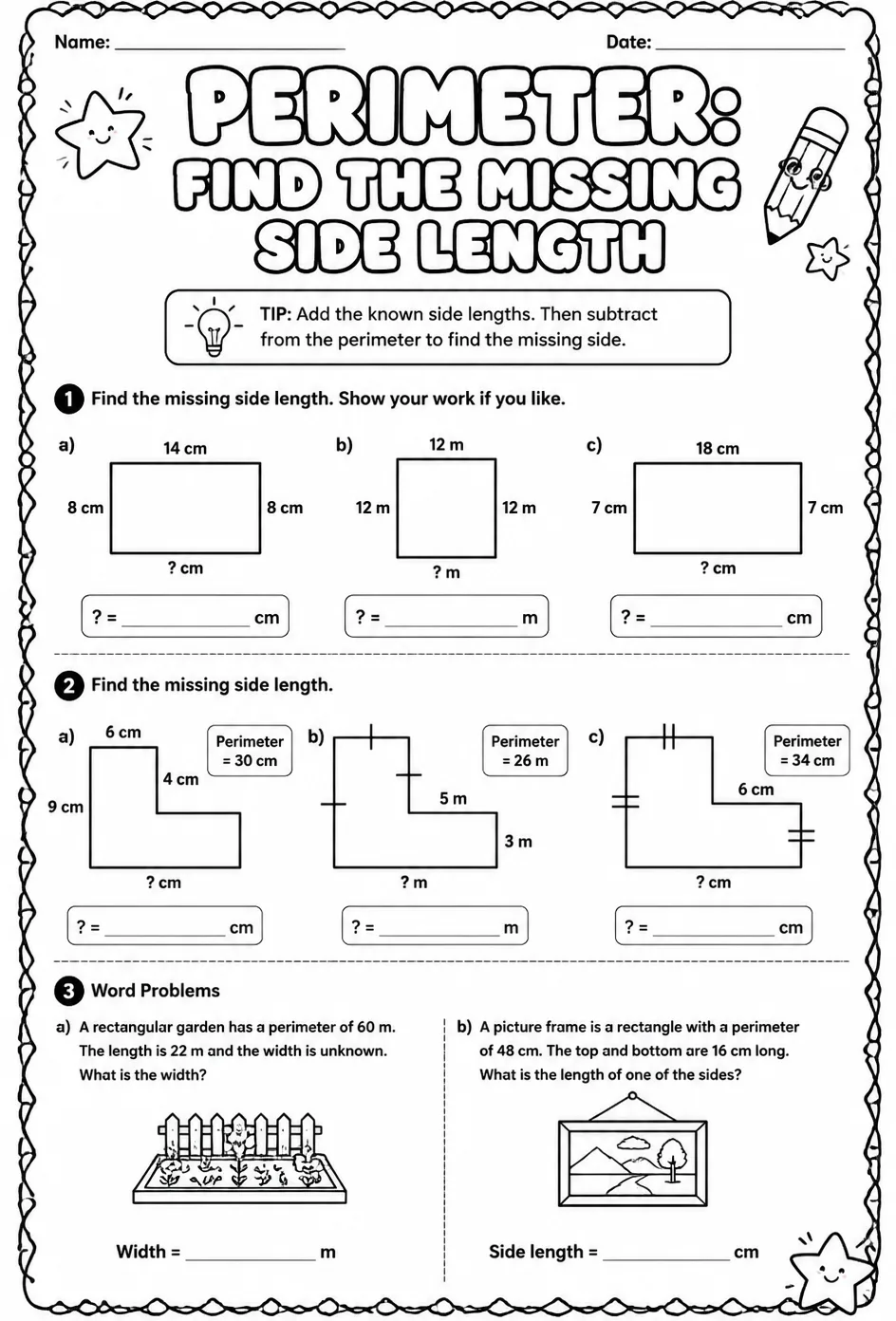Perimeter: find the missing side length — free printable Grade 4 math worksheet