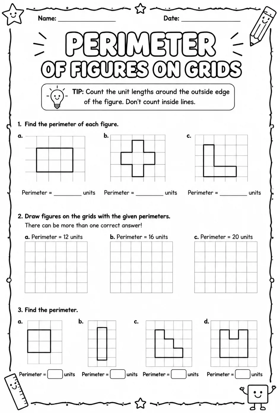 Perimeter of figures on grids — free printable Grade 3 math worksheet
