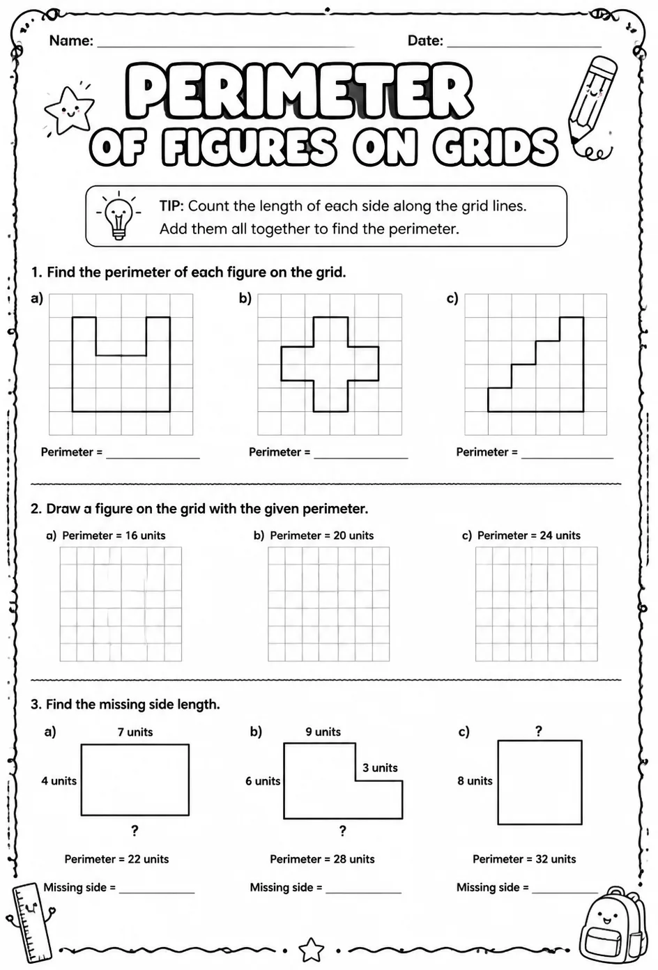 Perimeter of figures on grids — free printable Grade 5 math worksheet