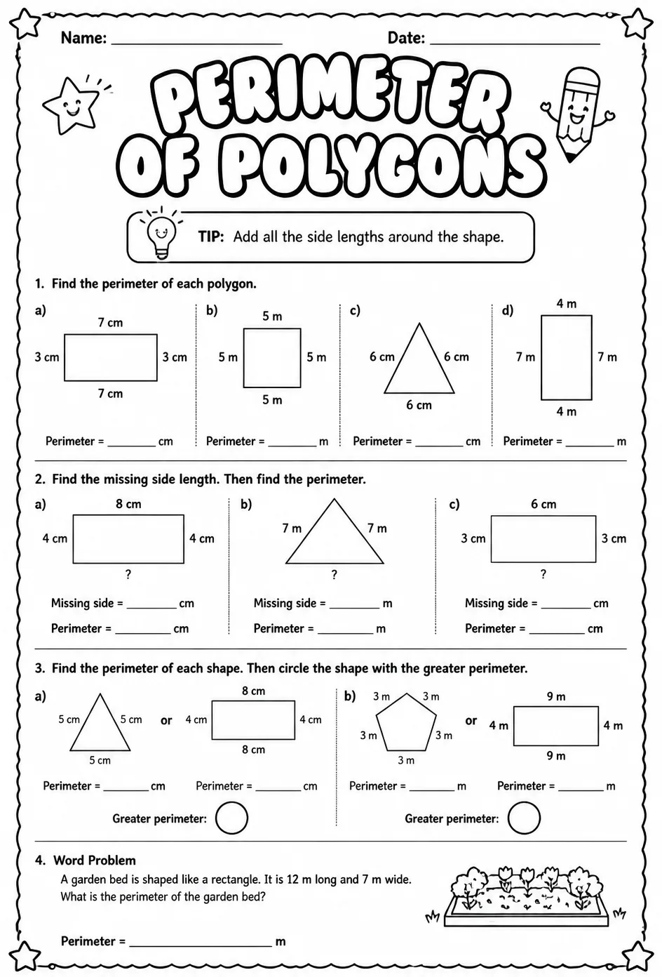 Perimeter of polygons — free printable Grade 3 math worksheet