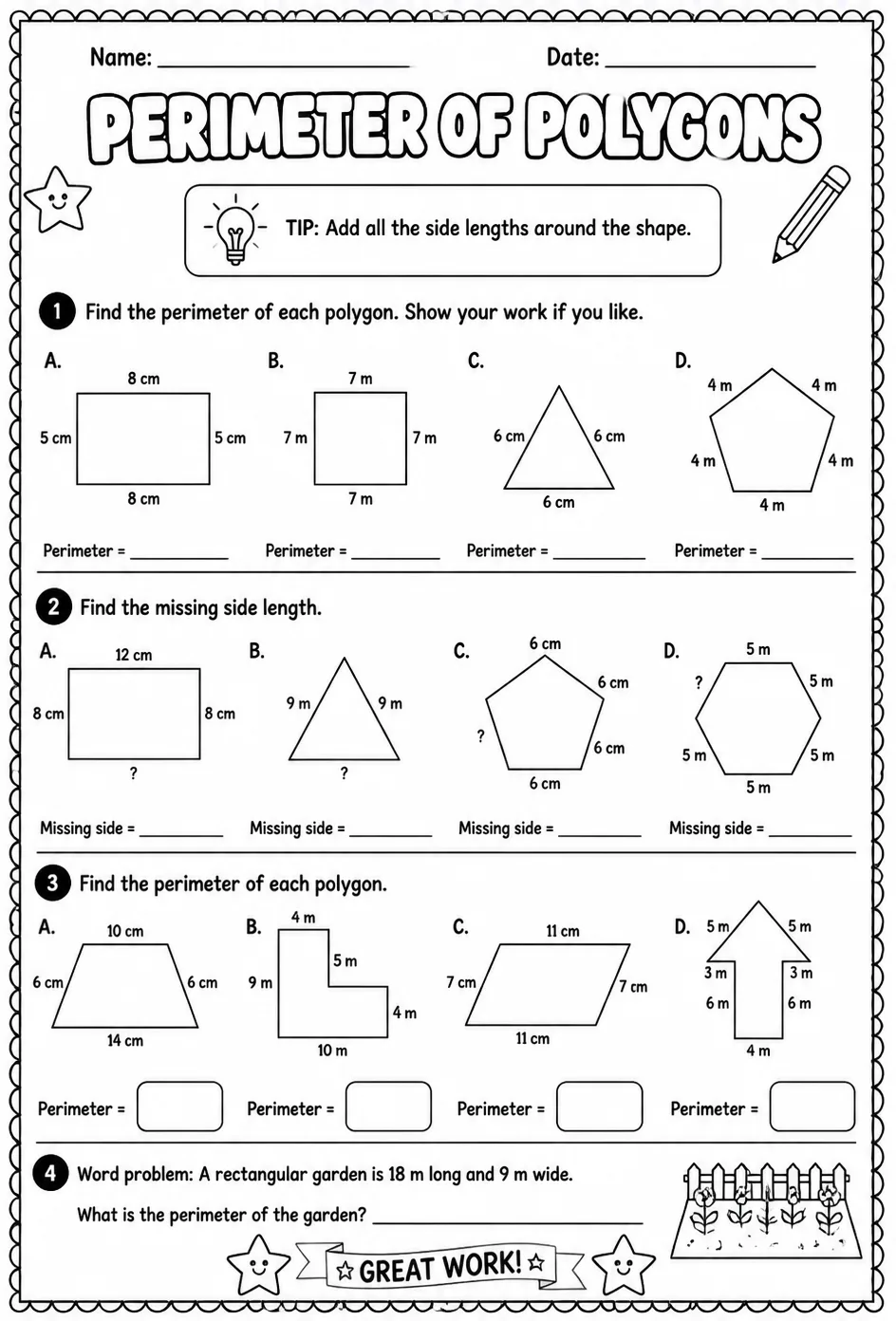 Perimeter of polygons — free printable Grade 4 math worksheet