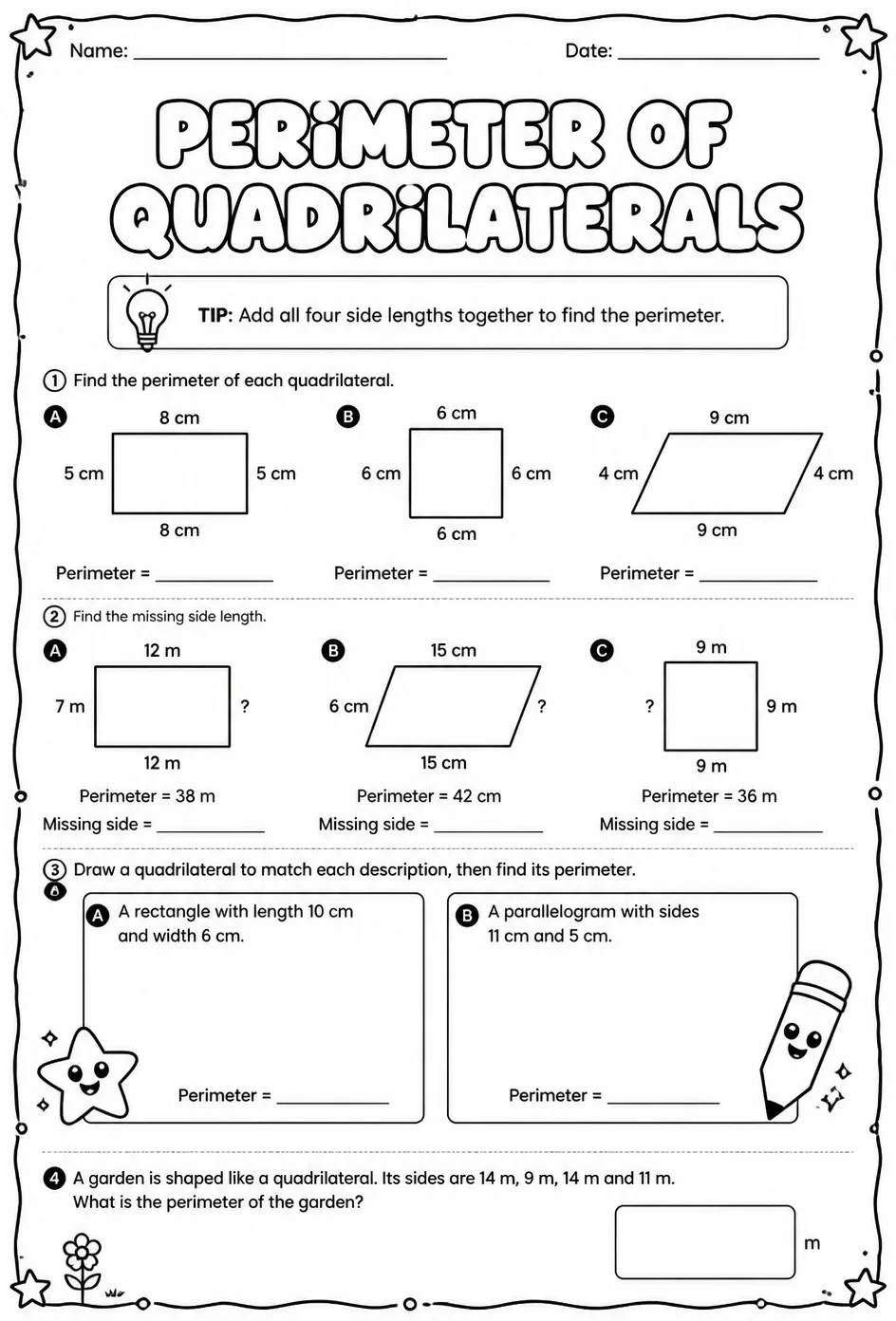 Perimeter of quadrilaterals — free printable Grade 3 math worksheet