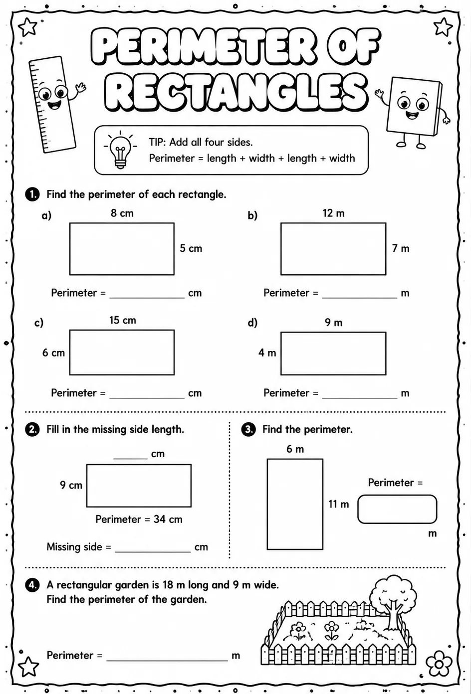 Perimeter of rectangles — free printable Grade 3 math worksheet