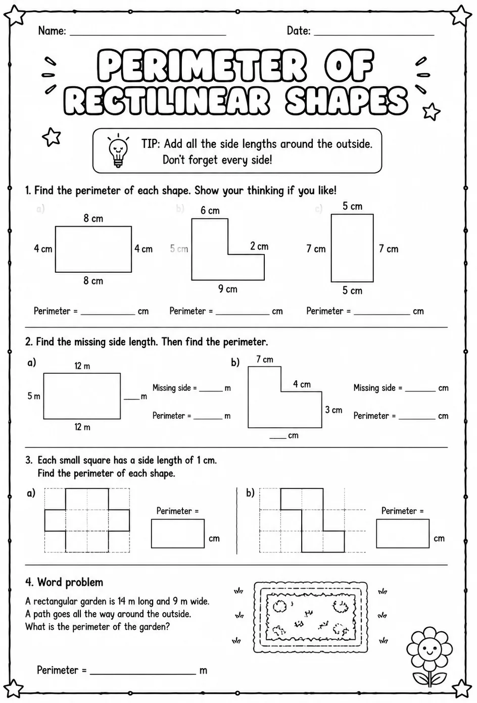 Perimeter of rectilinear shapes — free printable Grade 3 math worksheet