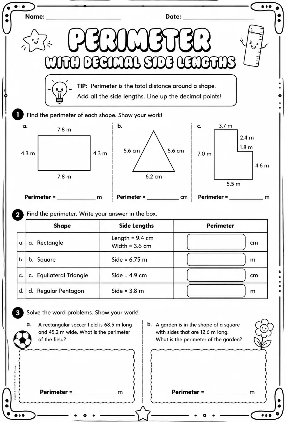 Perimeter with decimal side lengths — free printable Grade 5 math worksheet