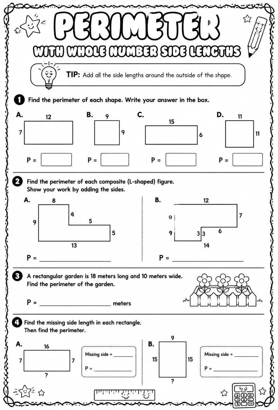 Perimeter with whole number side lengths — free printable Grade 5 math worksheet