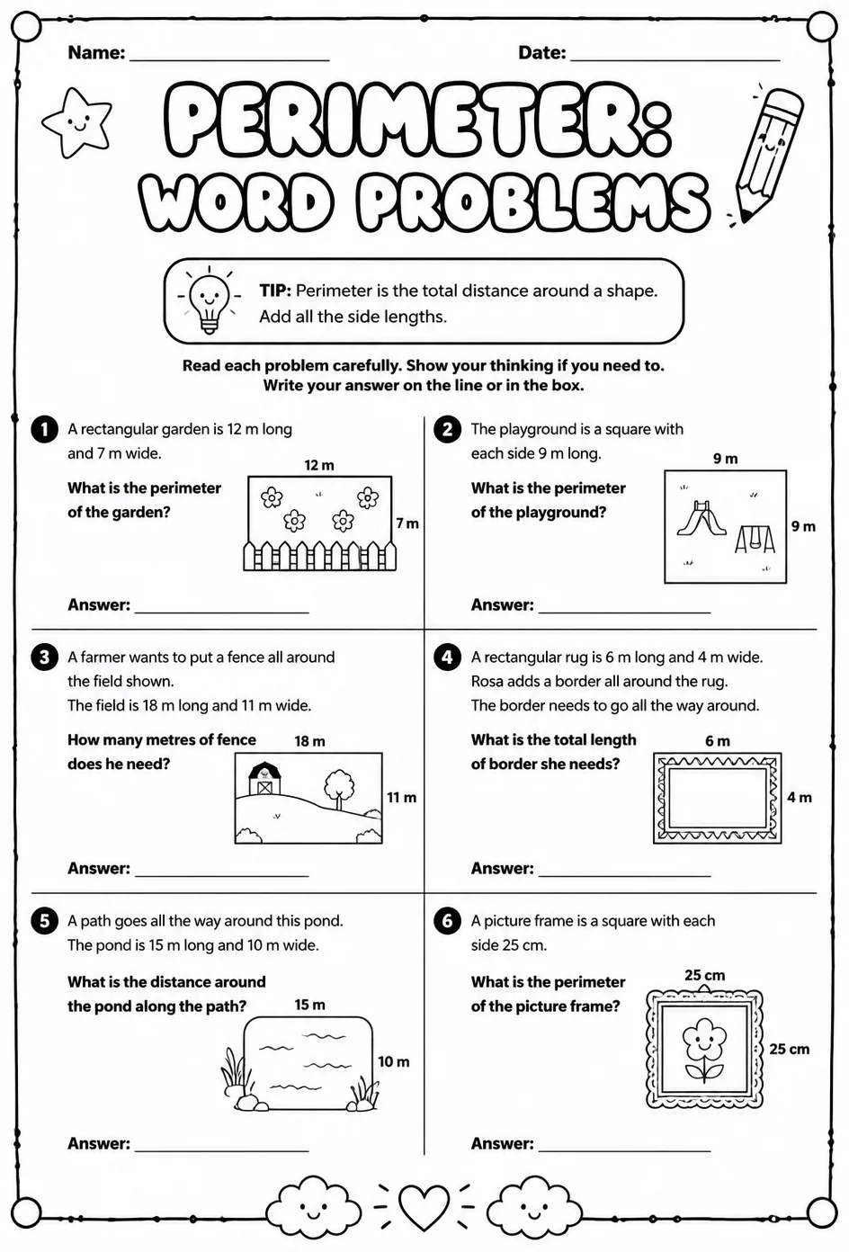 Perimeter: word problems — free printable Grade 3 math worksheet