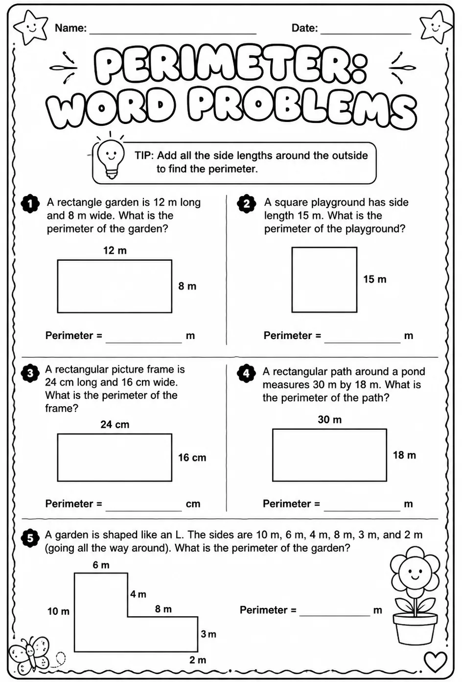 Perimeter: word problems — free printable Grade 4 math worksheet