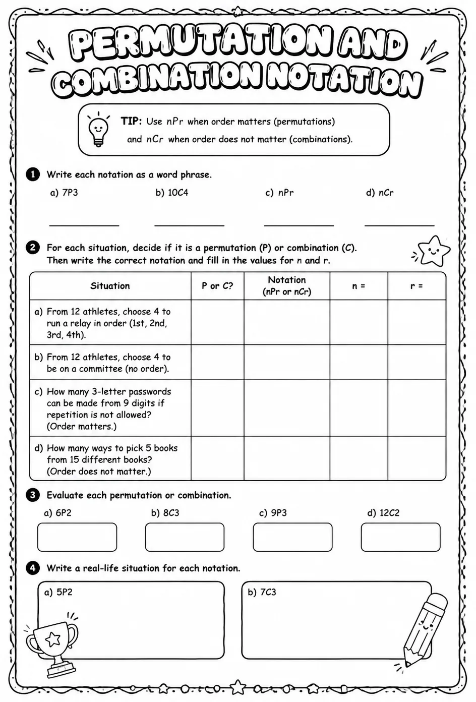 Permutation and combination notation — free printable Algebra 1 math worksheet