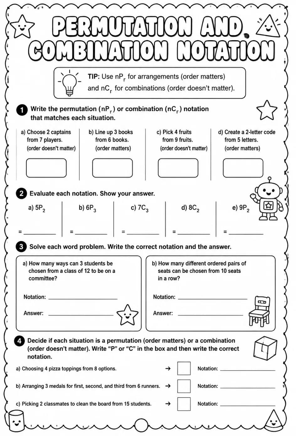 Permutation and combination notation — free printable Geometry math worksheet