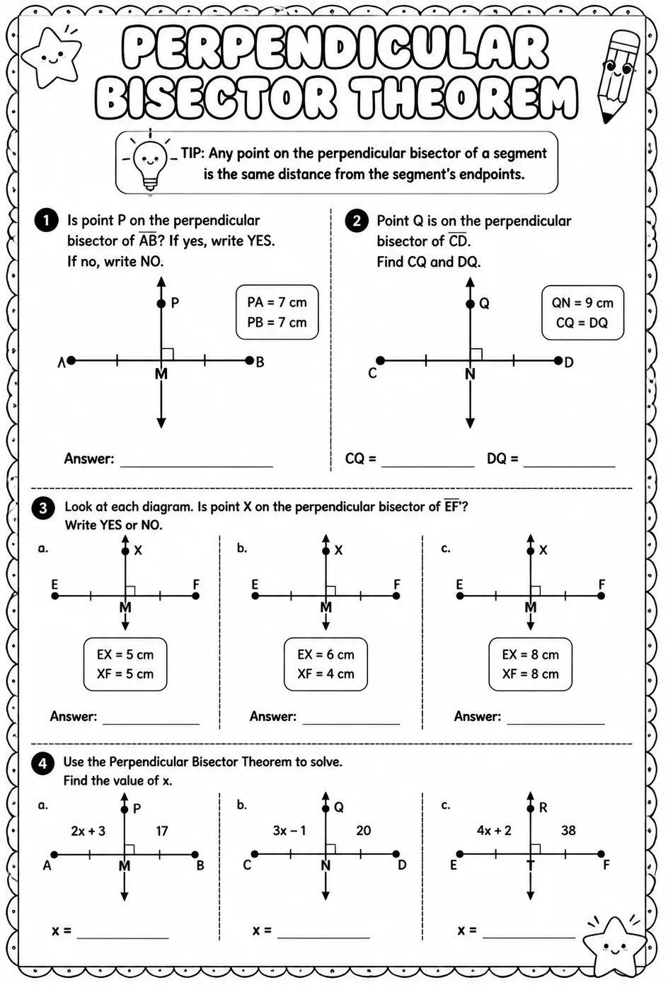Perpendicular Bisector Theorem — free printable Geometry math worksheet