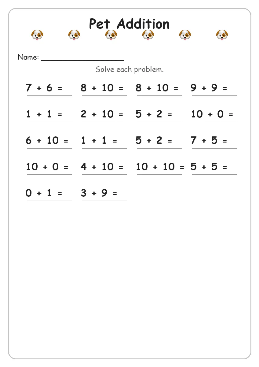 Pet addition worksheet for Grade 1