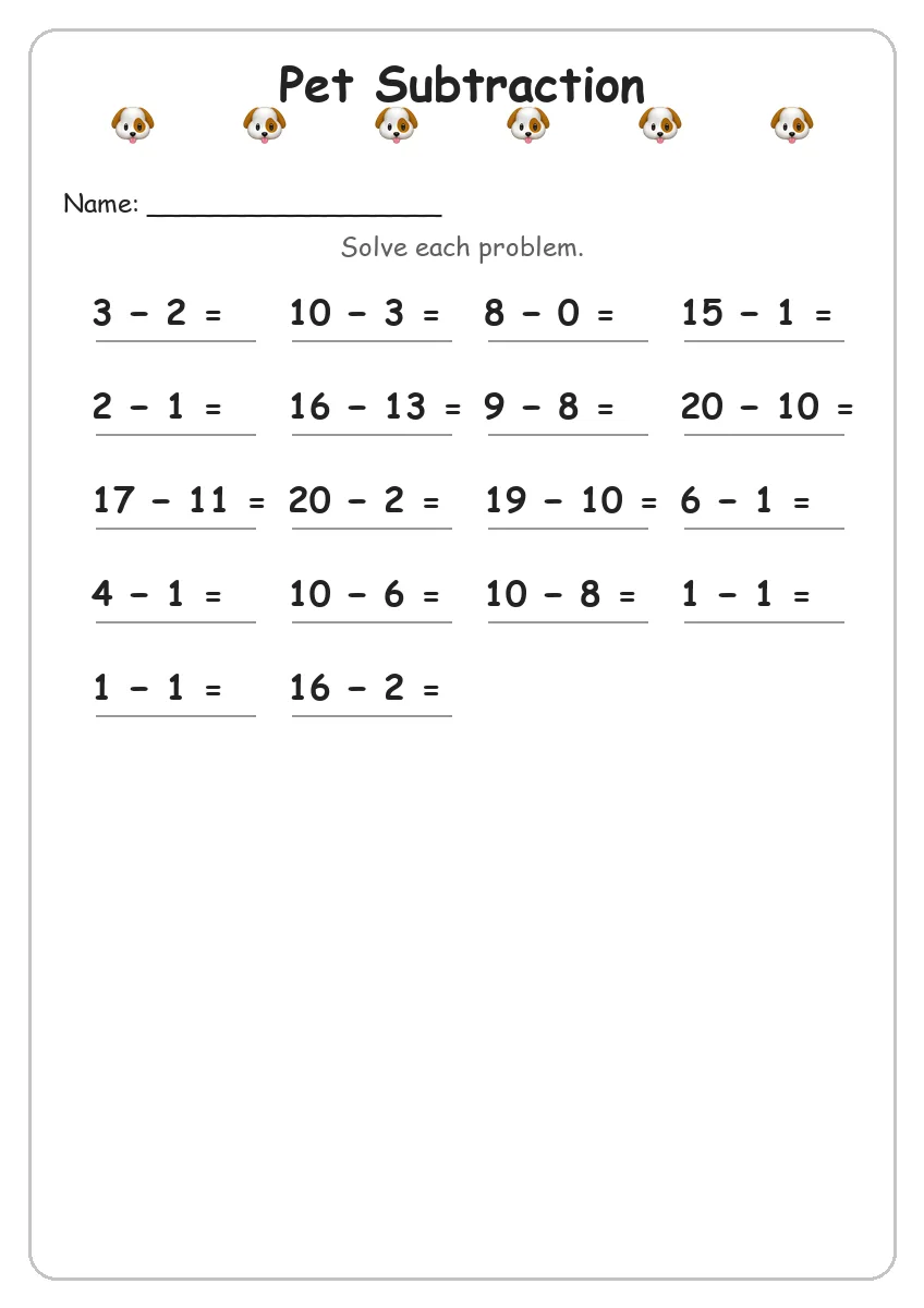 Pet subtraction worksheet for Grade 1