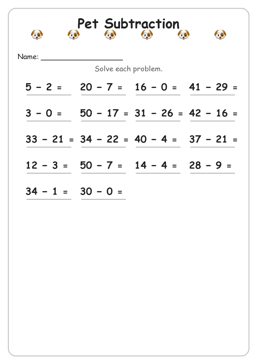 Pet Subtraction (Grade 2)