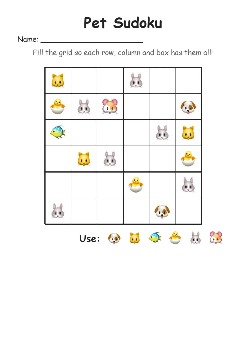 Pet Sudoku 6x6 (Grade 2)
