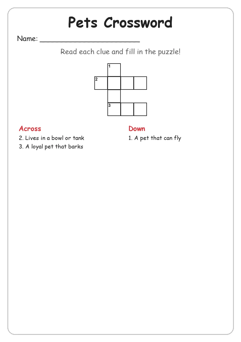 Pets Crossword (Grade 1)