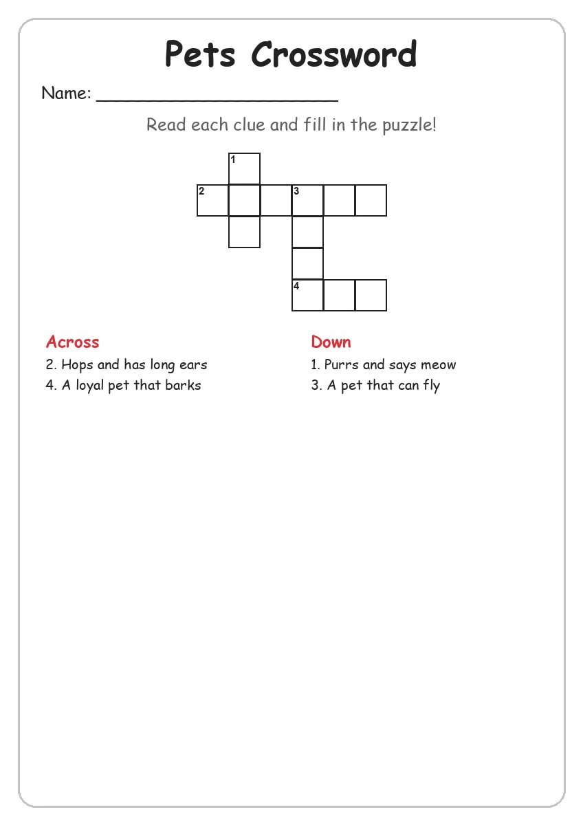 Pets Crossword (Grade 2)