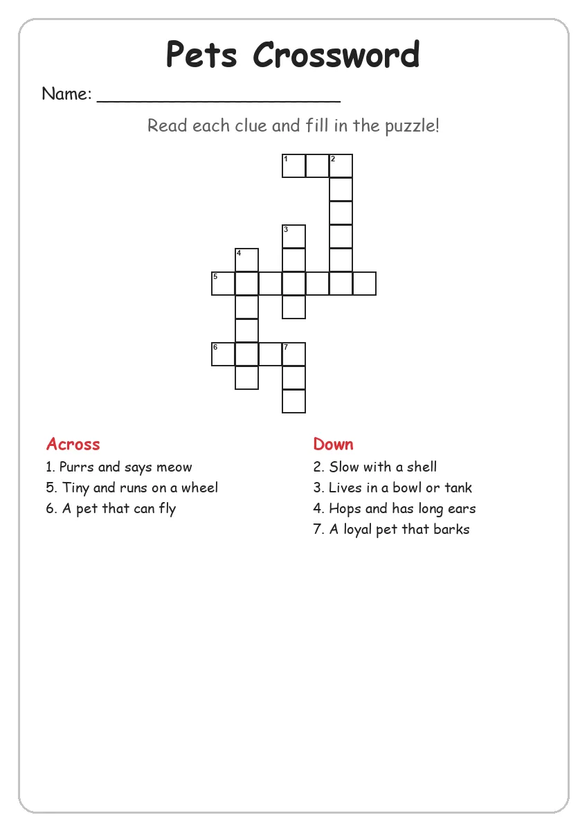 Pets Crossword (Grade 3)