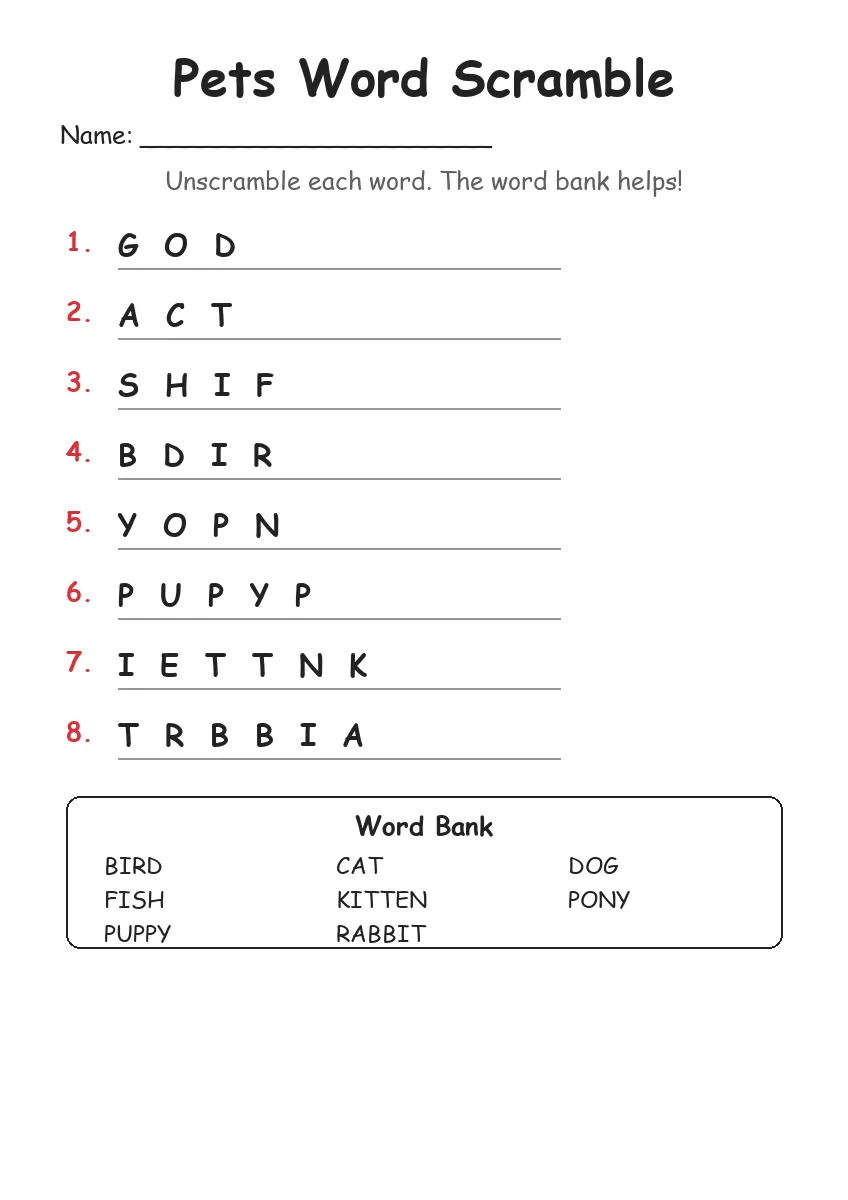 Pets word scramble worksheet for Grade 1