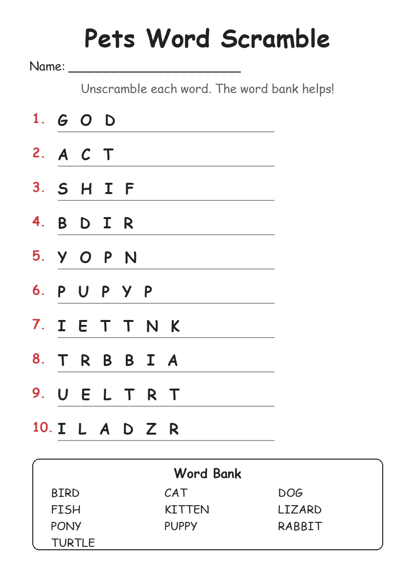 Pets word scramble worksheet for Grade 2