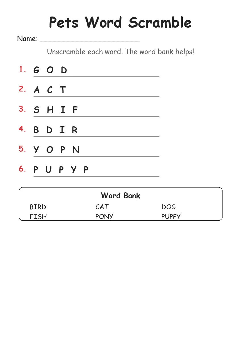 Pets word scramble worksheet for Kindergarten
