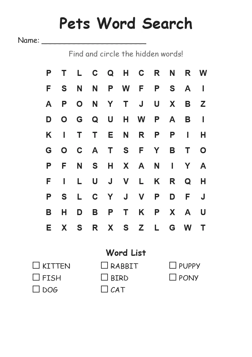 Pets word search worksheet for Grade 1