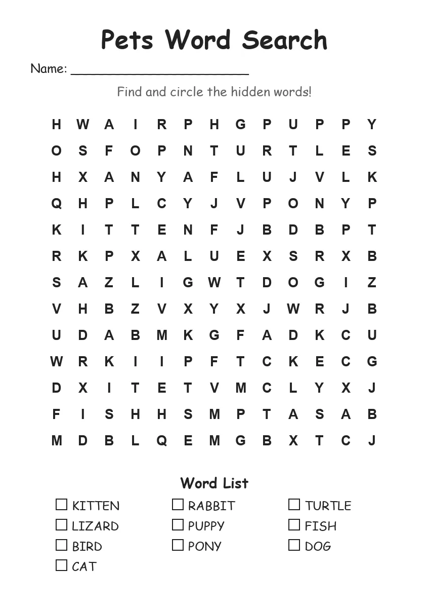 Pets word search worksheet for Grade 2