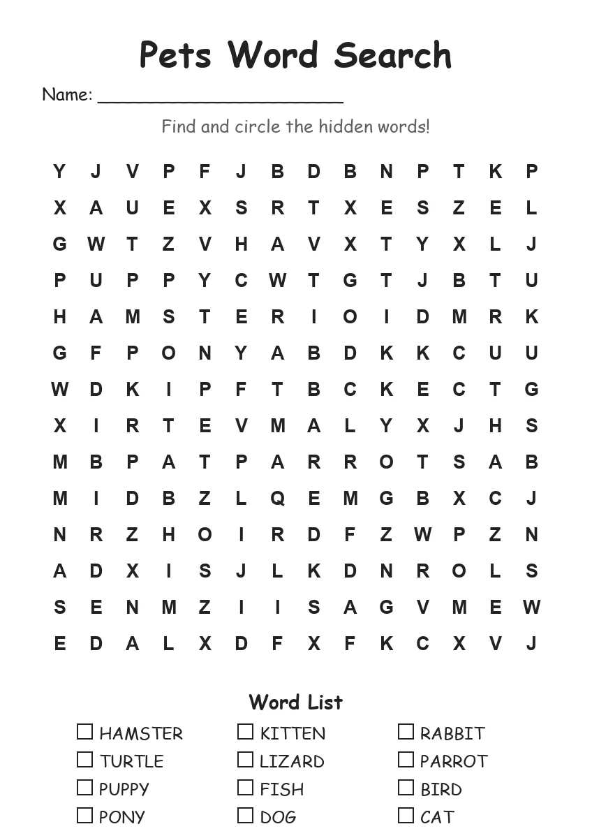 Pets word search worksheet for Grade 3