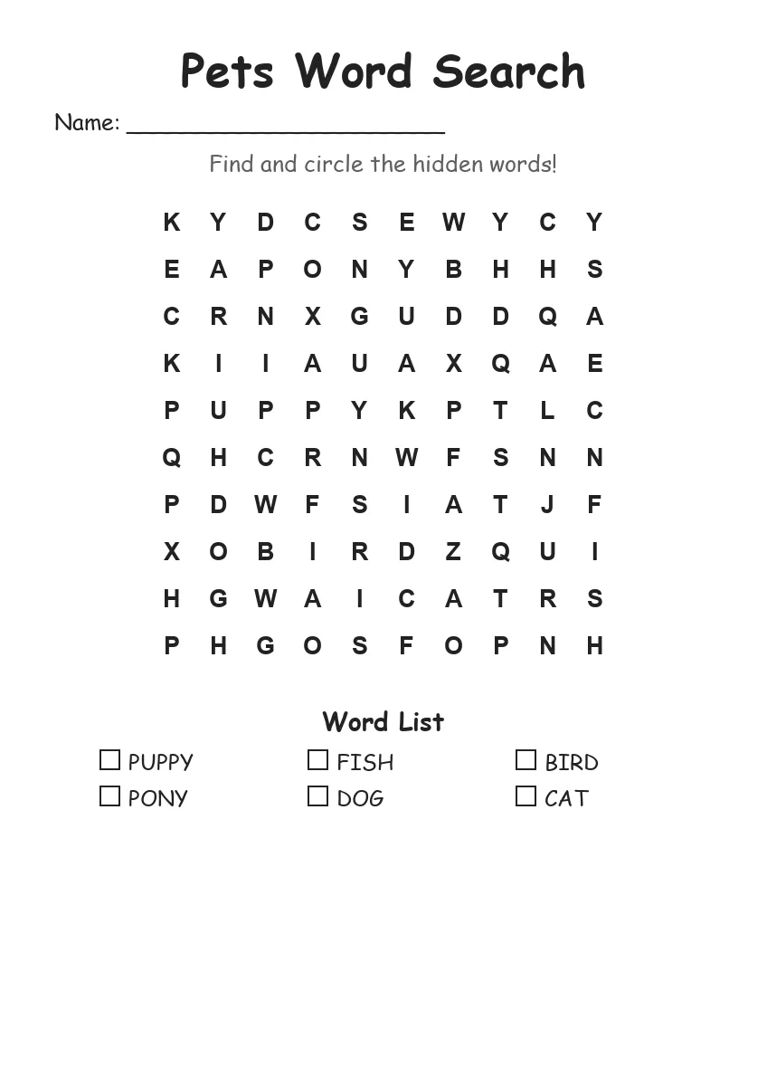 Pets word search worksheet for Kindergarten