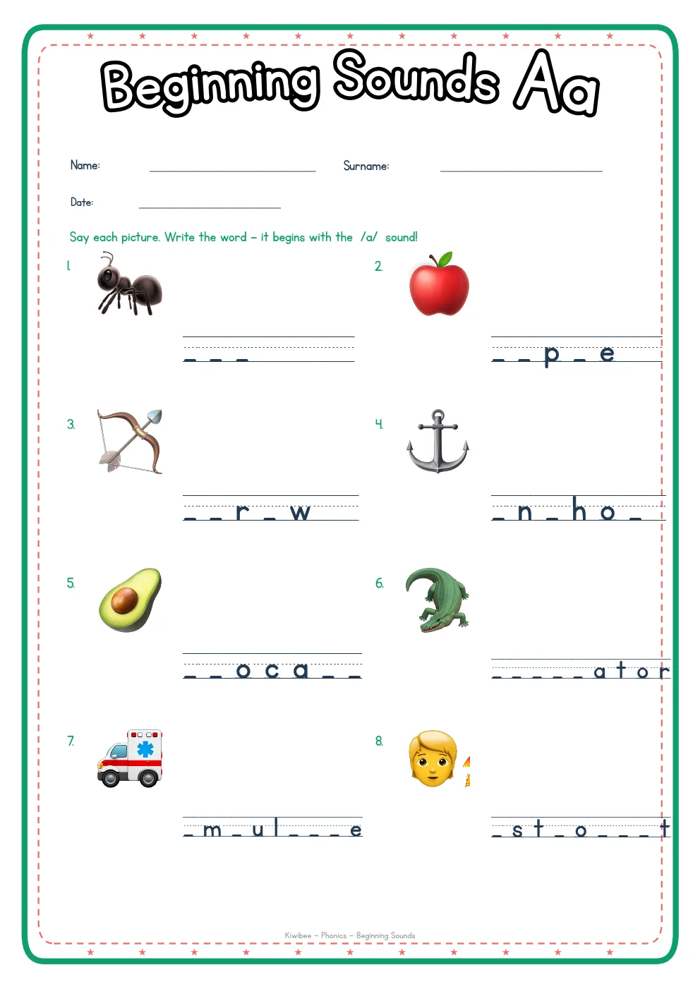 Beginning Sounds A phonics worksheet with pictures and writing lines