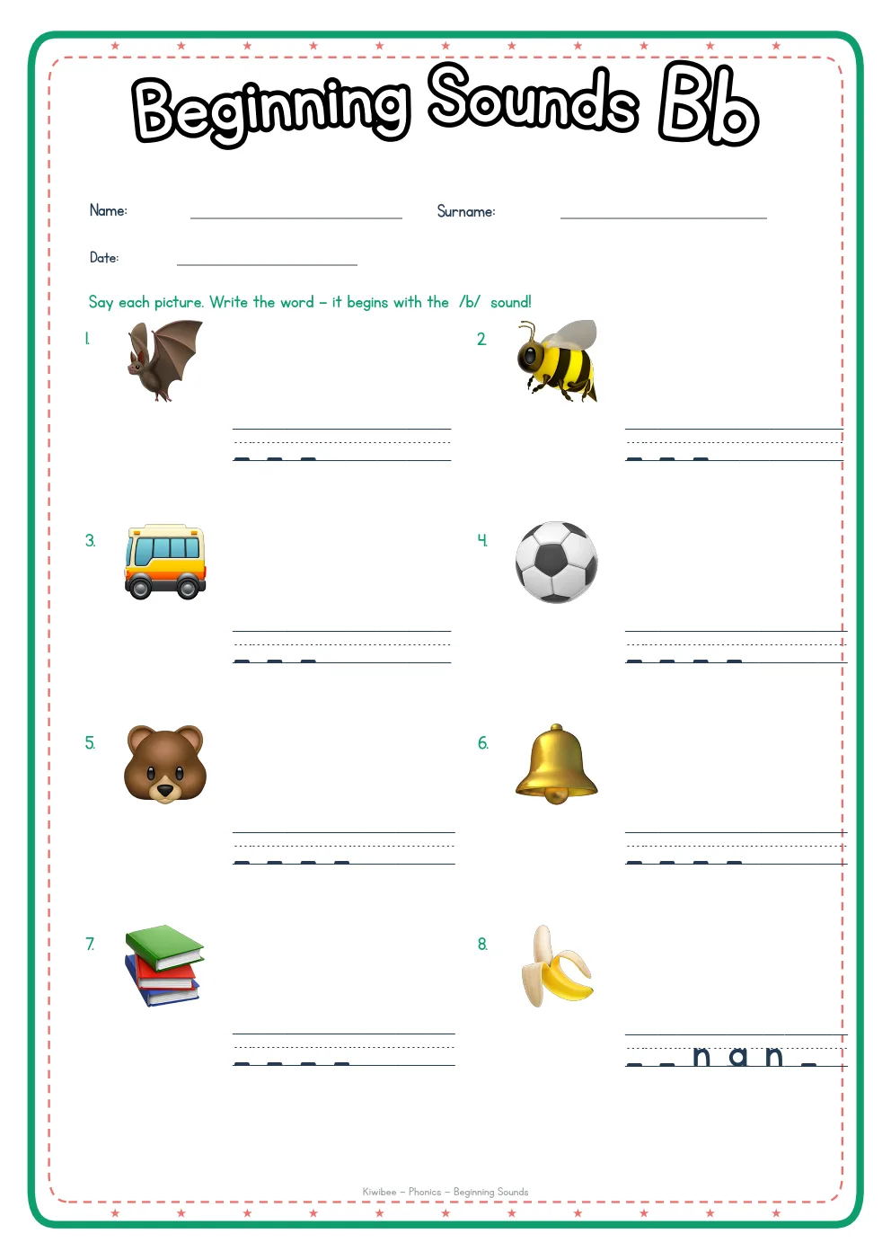 Beginning Sounds B phonics worksheet with pictures and writing lines