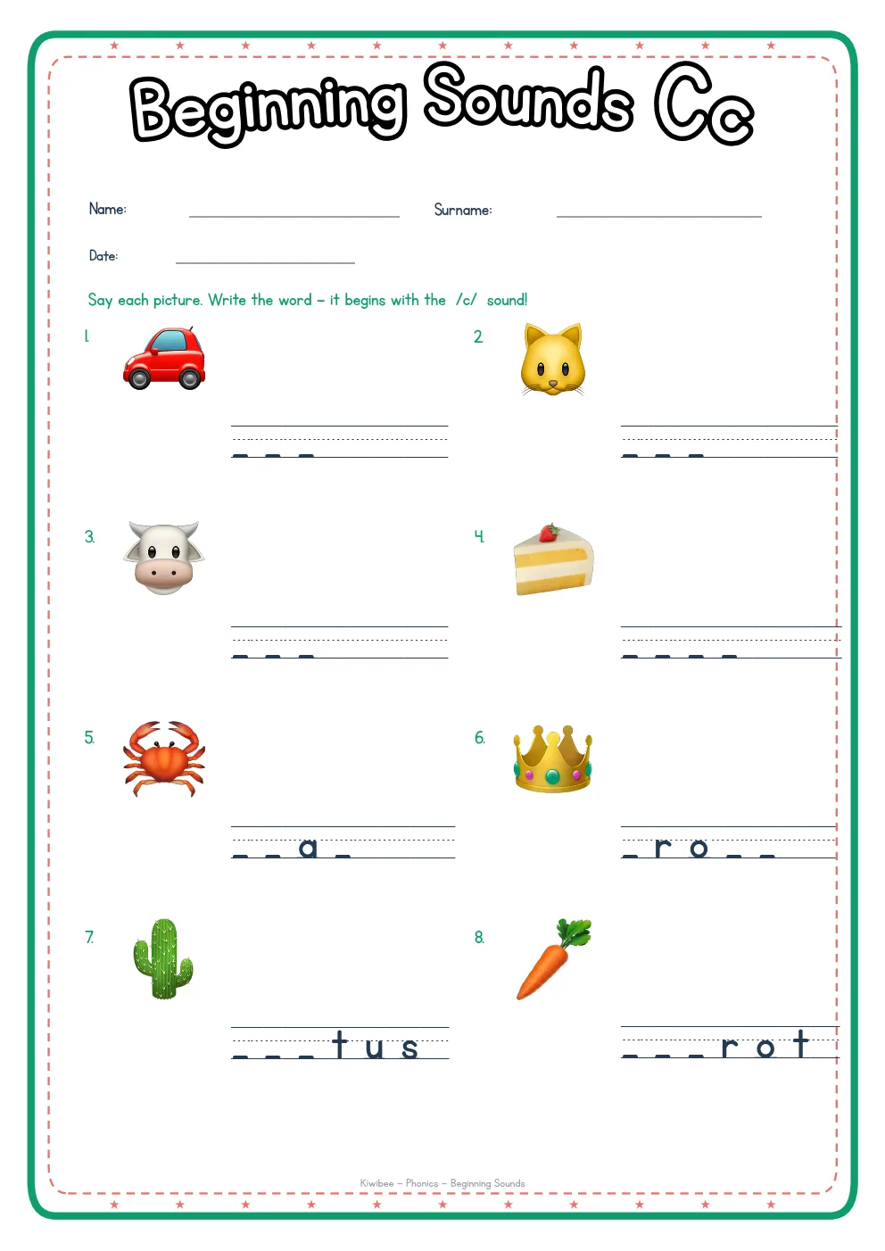 Beginning Sounds C phonics worksheet with pictures and writing lines