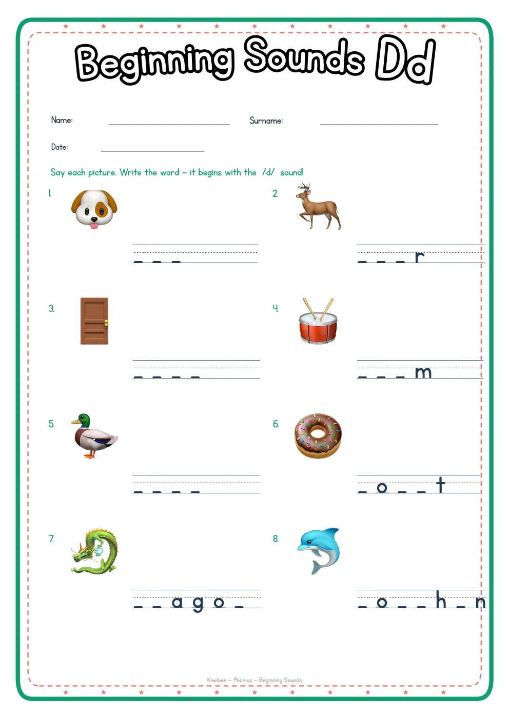 Beginning Sounds D phonics worksheet with pictures and writing lines
