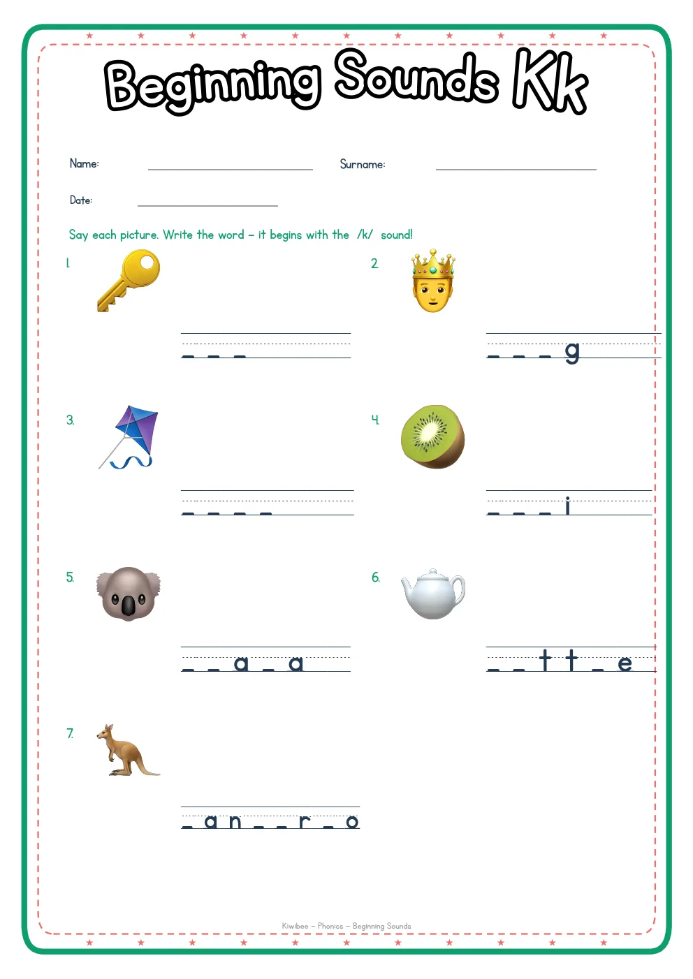 Beginning Sounds K phonics worksheet with pictures and writing lines