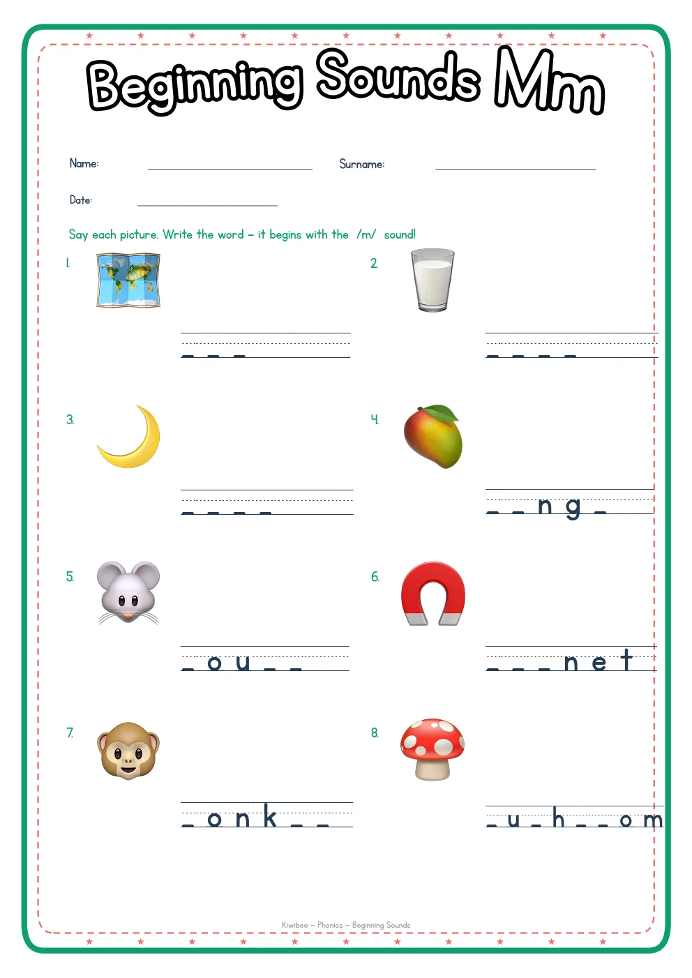 Beginning Sounds M phonics worksheet with pictures and writing lines