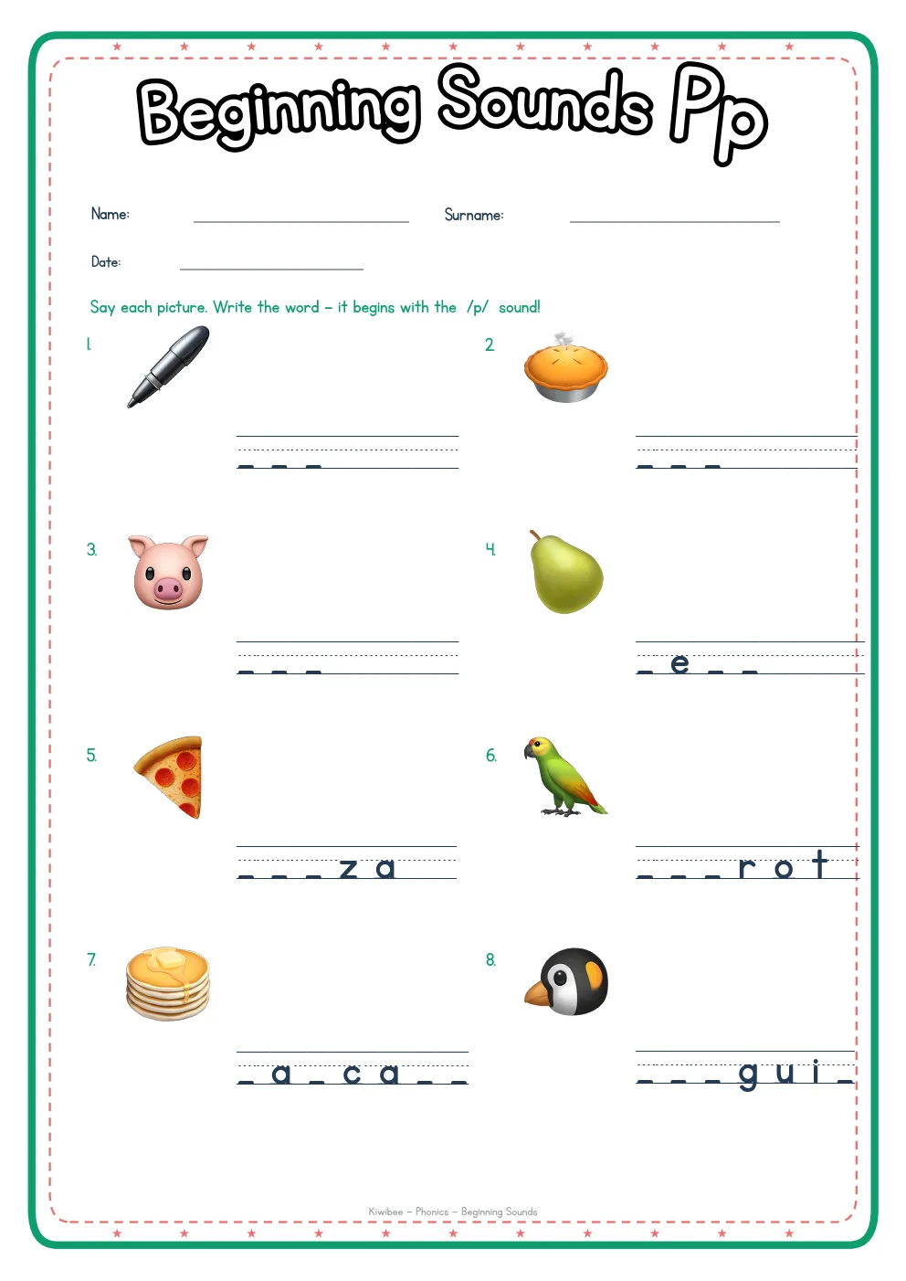 Beginning Sounds P phonics worksheet with pictures and writing lines