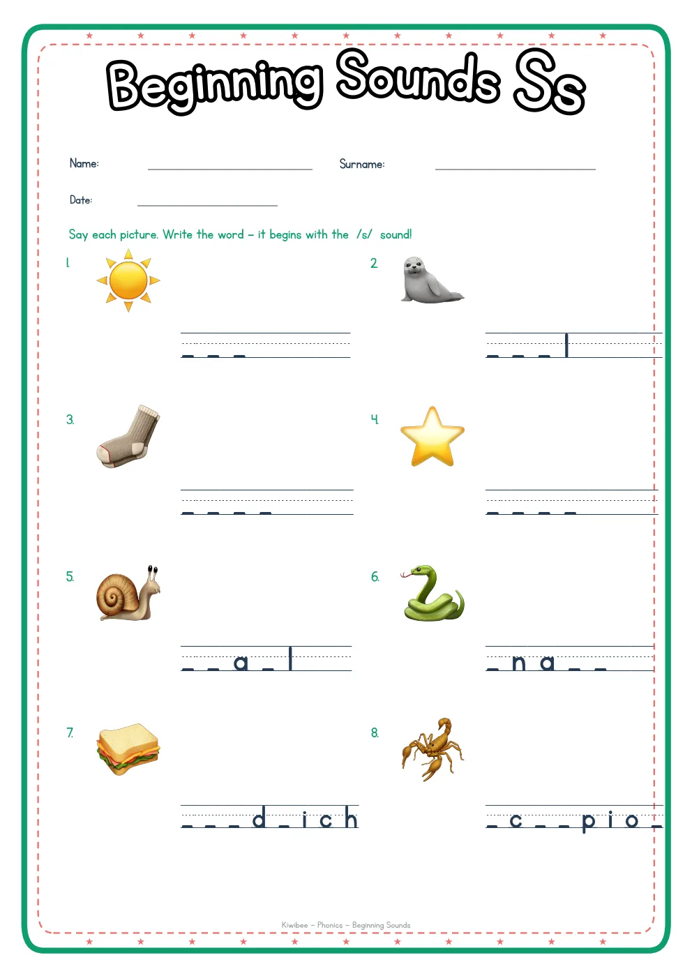 Beginning Sounds S phonics worksheet with pictures and writing lines