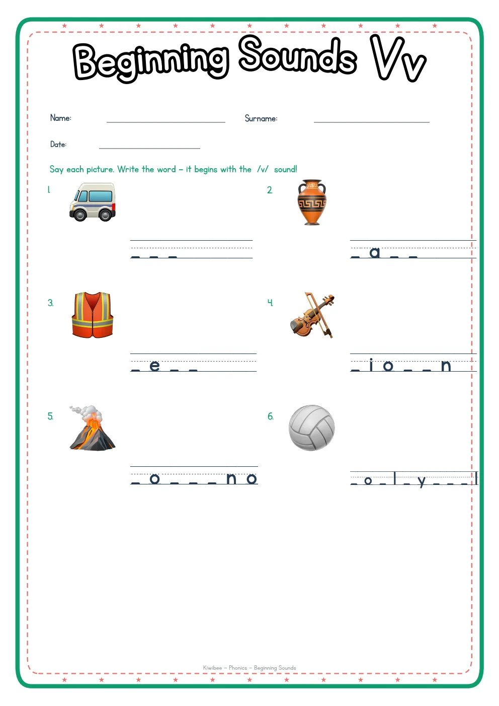 Beginning Sounds V phonics worksheet with pictures and writing lines